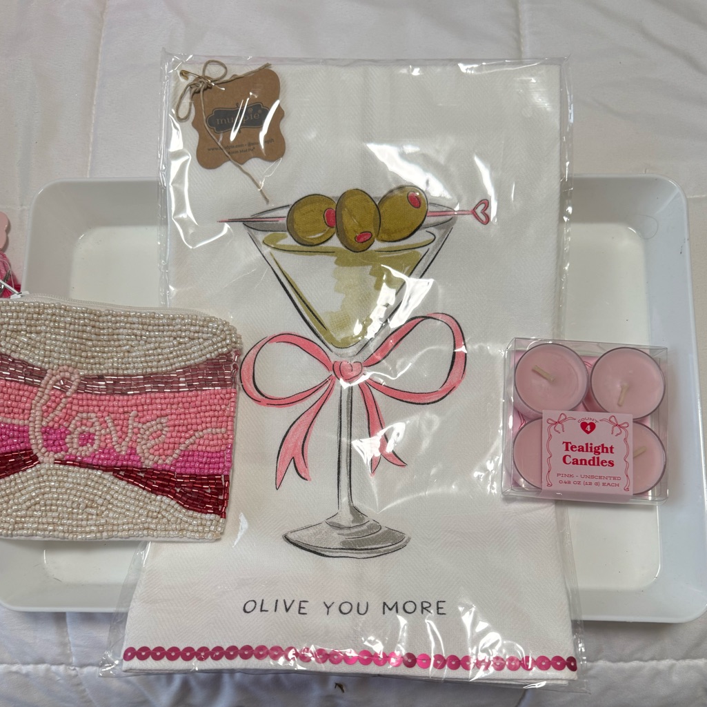 Mud Pie Martini Tea Towel, Pink Tea, Lights, And Love Beaded Bag. Set Of 3